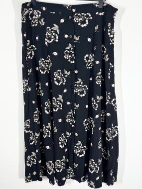 Vintage 90s Black Floral Button Down Midi Skirt Size M Dainty Romantic Feminine